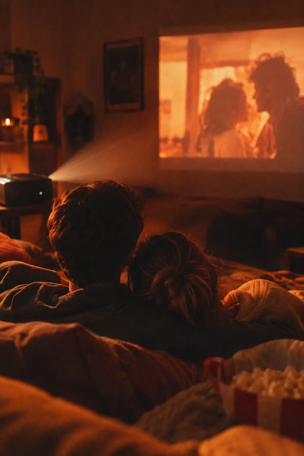 Dos personas bajo una manta, mirando una película proyectada en la pared.