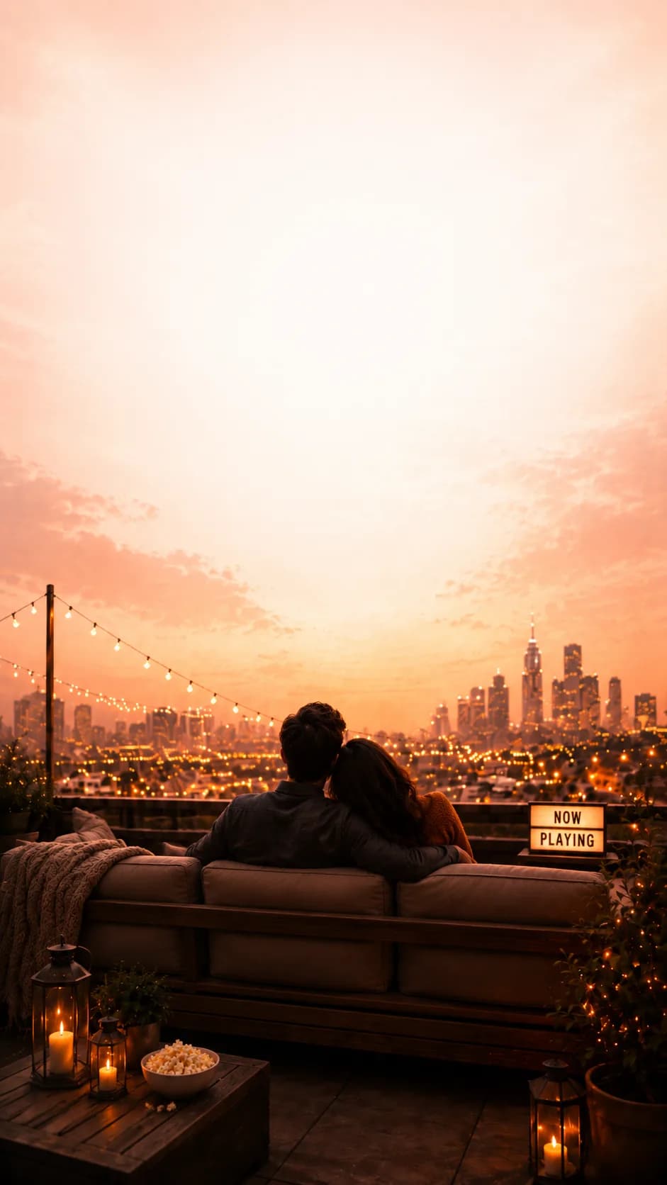 Dos personas en un sillón en una terraza al atardecer, junto a un cartel iluminado que dice Now Playing.